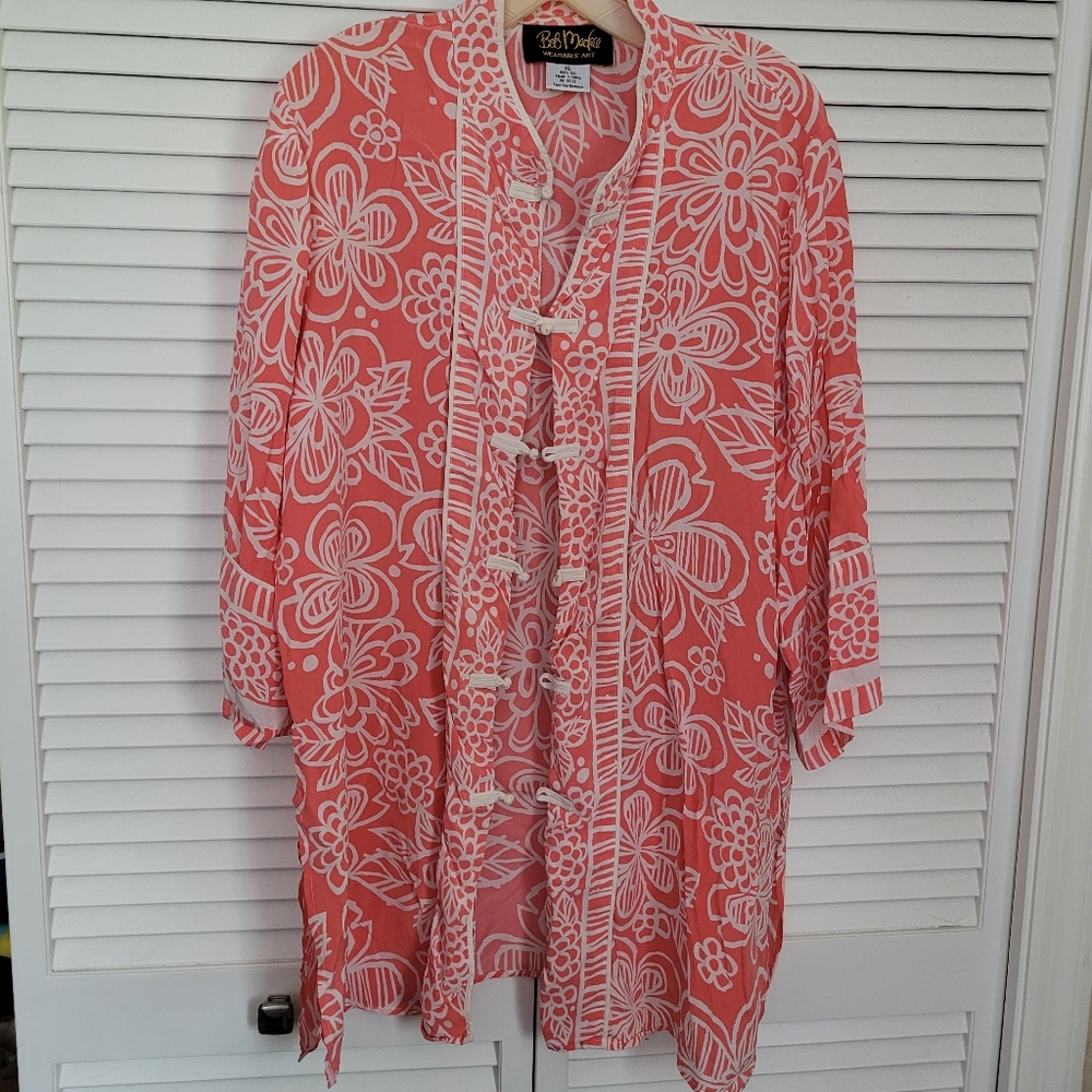 Bob Mackie Wearable Art Floral 3/4 Sleeve Kimono 100% Silk XL Summer Beach